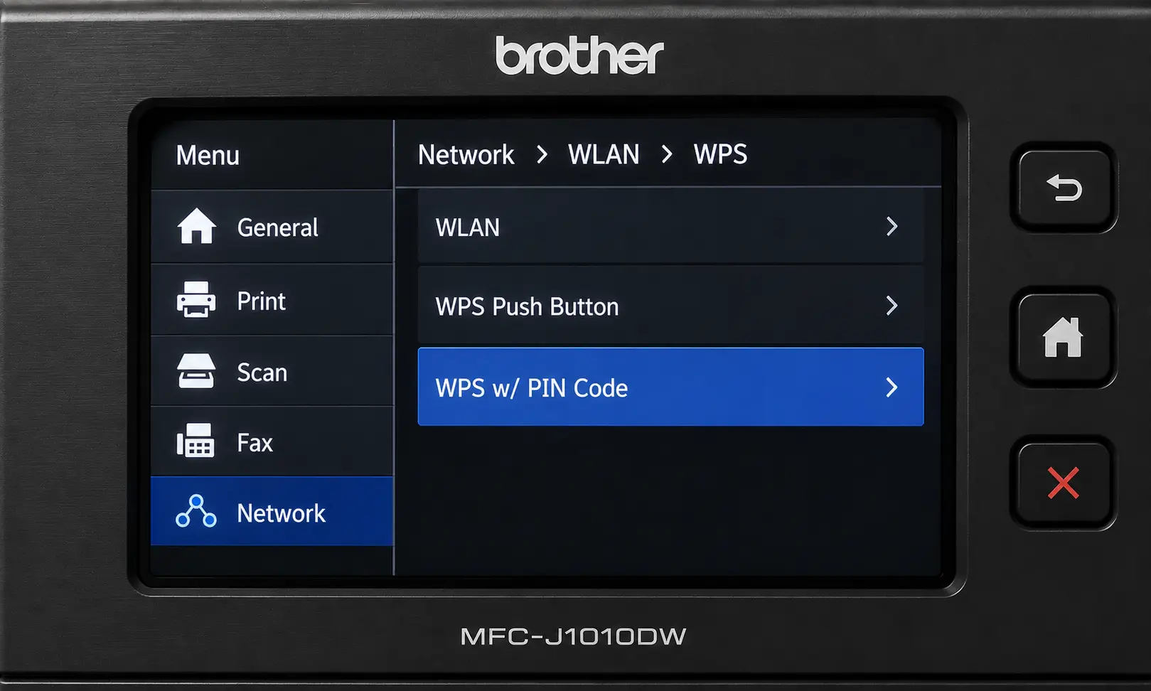 Navigate to Brother Printer Menu → Network → WLAN → WPS w PIN Code